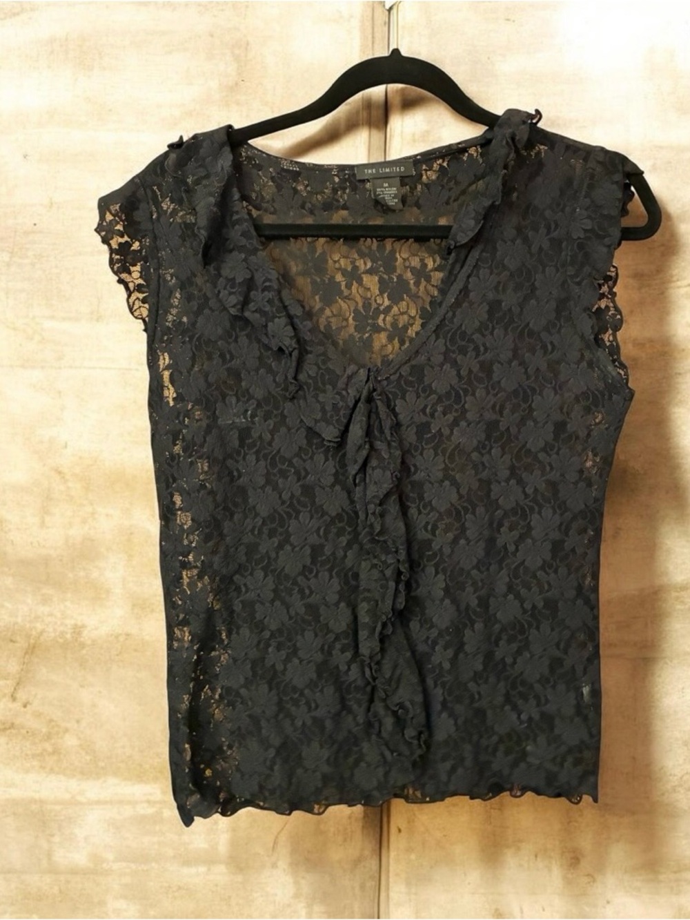 The Limited Black Floral Lace Ruffle Tie Sleeveless Blouse